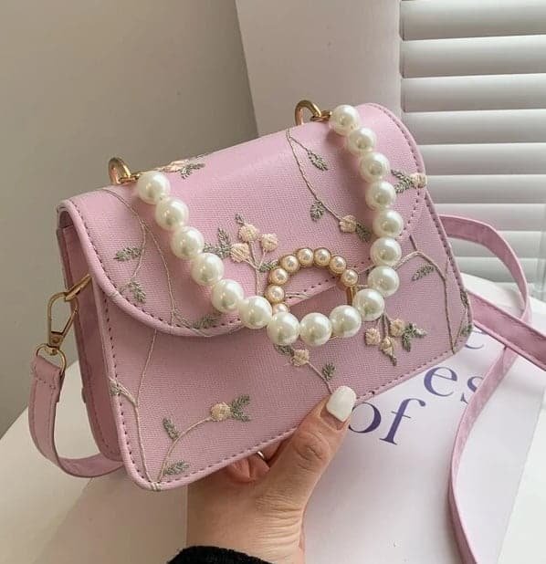 Flower Embroidered Faux Pearl Decor Satchel Bag - Pink
