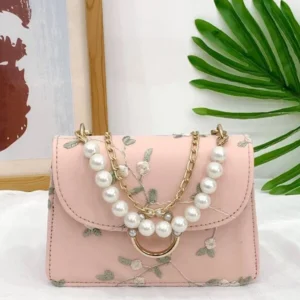 SHEIN Pink Flower Embroidered Faux Pearl Decor Satchel Bag